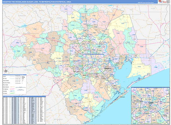 Houston-The Woodlands-Sugar Land Metro Area Wall Map Color Cast Style
